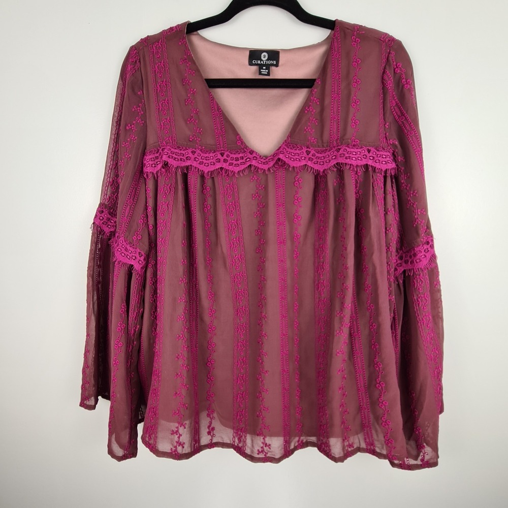 Curations Women's Top Blouse M Lace Embroidered Bell Sleeve BOHO Cottagecore